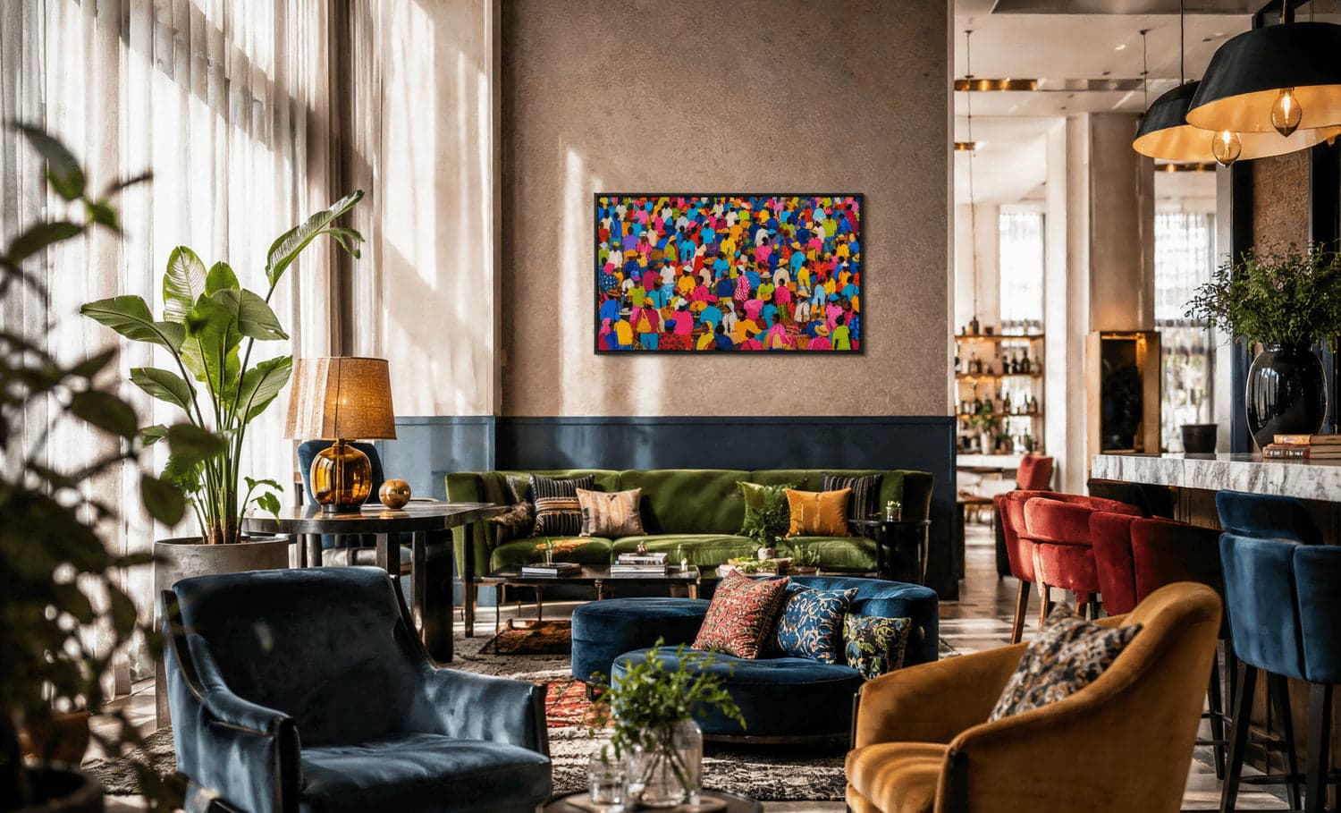 Colorful artwork displayed in a richly layered living room