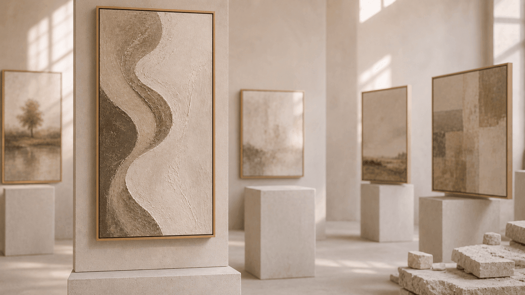 Neutral paintings displayed in a gallery