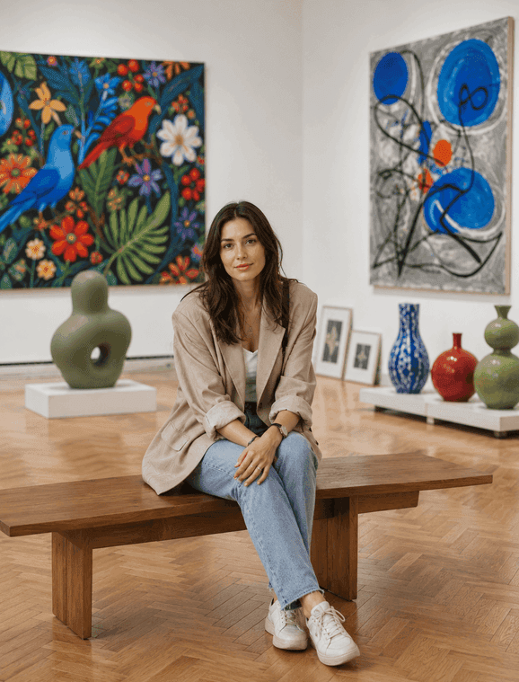 Gallery curator seated among contemporary artwork